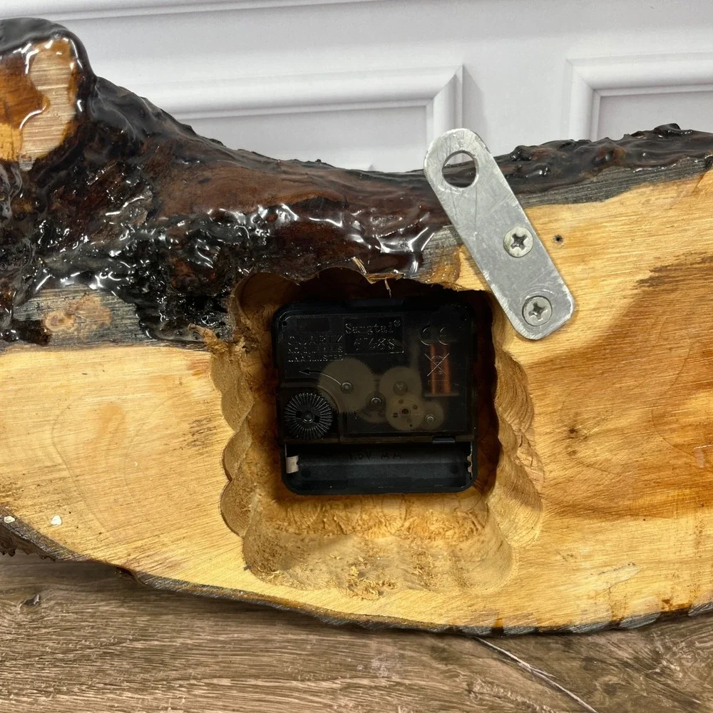 Live Edge Wood Epoxy Wall Clock Brown Glossy Resin Rustic Slab